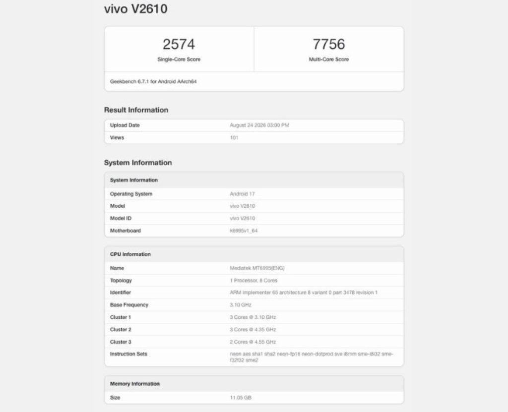 Geekbench vivo X500 Pro Max
