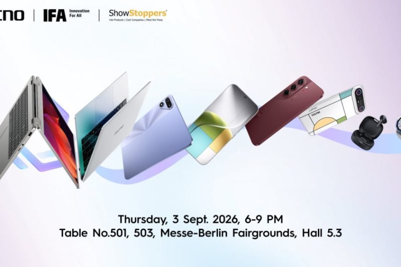 TECNO เตรียมโชว์มือถือไร้ขอบ 0 มม. และ MEGABOOK T15 360 Pro ในงาน IFA 2026