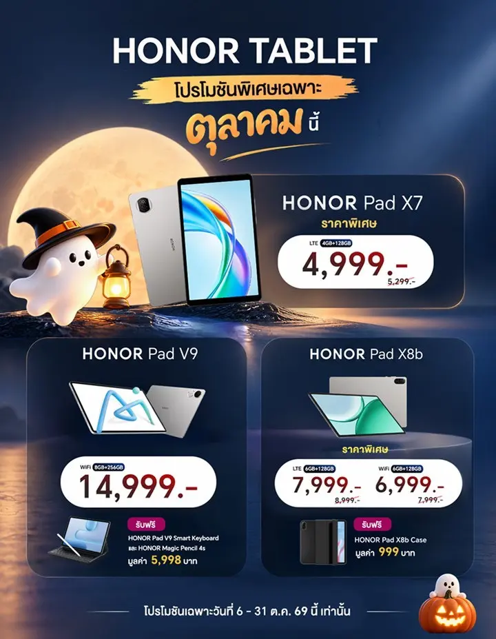 HONOR จัดโปรแท็บเล็ตเดือนตุลาคม 2569 ครบ Pad V9, Pad X8b และ Pad X7 ราคาเริ่มต้น 4,999 บาท พร้อมส่วนลดและของสมนาคุณในรุ่นที่ร่วมรายการ